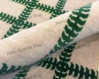 Green Checkered Area Rug, Modern Grid Pattern Carpet, Minimalist Ivory Floor Rug, Living Room Bedroom Decor