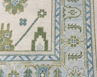 Handmade Wool Oushak Rug | Light Blue, Green Turkish Carpet