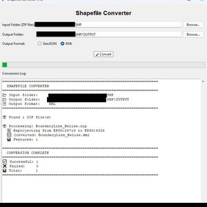 May include: Screenshot of the Shapefile Converter v1.0 software interface. The interface includes input and output folder fields, output format options, and a conversion log. The software converts ZIP files to KML format.