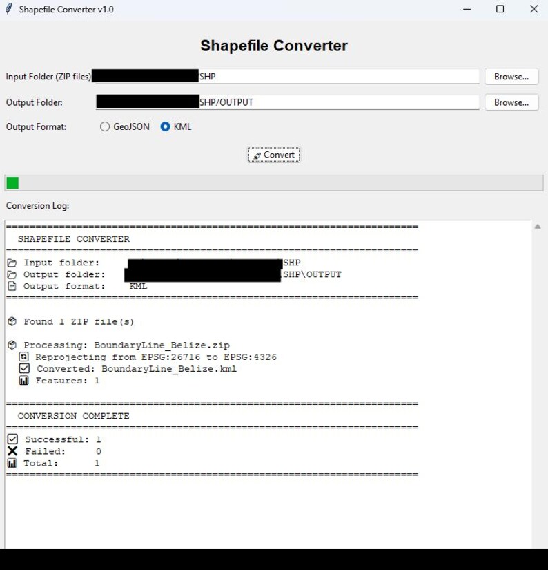 May include: Screenshot of the Shapefile Converter v1.0 software interface. The interface includes input and output folder fields, output format options, and a conversion log. The software converts ZIP files to KML format.