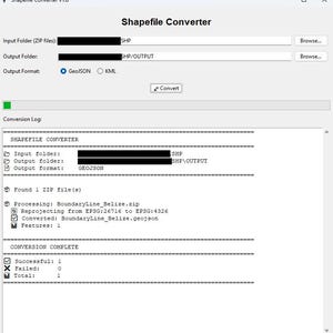 May include: Screenshot of the Shapefile Converter v1.0 software interface. The program converts shapefiles, with options for input and output folders, and output format selection. The conversion log displays the processing steps and the successful completion of the conversion.