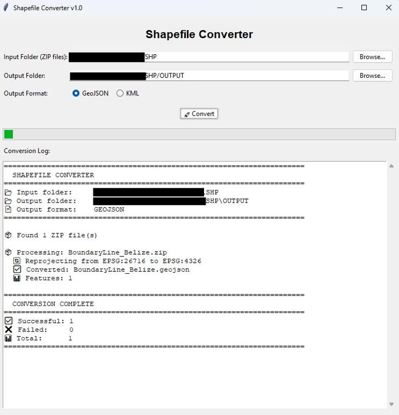 May include: Screenshot of the Shapefile Converter v1.0 software interface. The program converts shapefiles, with options for input and output folders, and output format selection. The conversion log displays the processing steps and the successful completion of the conversion.