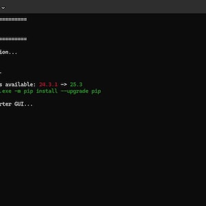 May include: A black terminal window showing text related to a Shapefile Converter v1.0. The text includes "Checking Python installation," "Installing dependencies," and a notice about a new pip release. The window's title bar shows the file path.