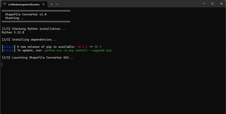 May include: A black terminal window showing text related to a Shapefile Converter v1.0. The text includes "Checking Python installation," "Installing dependencies," and a notice about a new pip release. The window's title bar shows the file path.