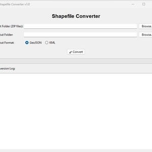 Peut inclure: Capture d'écran de l'interface du logiciel Shapefile Converter v1.0. L'interface comprend des champs pour les dossiers d'entrée et de sortie, la sélection du format de sortie (GeoJSON ou KML) et un bouton 'Convertir'. Une barre de progression et un journal de conversion sont également visibles.