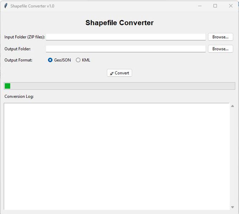 May include: A screenshot of the Shapefile Converter v1.0 software interface. The interface features input and output folder fields, output format selection (GeoJSON or KML), and a 'Convert' button. A progress bar and a conversion log are also displayed.