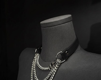 Ras de cou punk en cuir avec chaîne en métal • Collier col gothique - Collier