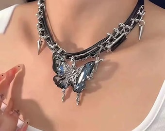 Butterfly Spike Choker, Gothic Punk Leather Collar Necklace