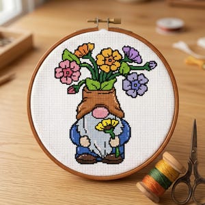 May include: A circular wooden embroidery hoop containing a cross-stitch pattern of a gnome wearing a brown hat, holding a yellow flower, and topped with a bouquet of pink, orange, yellow, and purple flowers on a white fabric background.