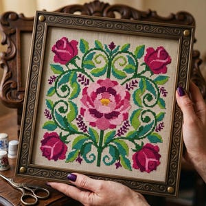 May include: A square cross-stitch embroidery featuring a large central pink flower surrounded by four smaller dark pink roses and green swirling foliage. The piece is encased in an ornate, dark metallic frame with decorative corner accents.