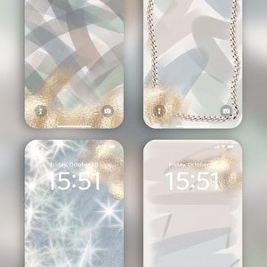 Puede incluir: Cuatro pantallas de bloqueo de smartphone con diseños abstractos. Cada pantalla muestra la fecha y hora: viernes 10 de octubre, 15:51. Los fondos presentan pinceladas, detalles de cadena y efectos brillantes en tonos azules, grises y dorados.