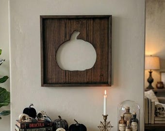 Rustykalna dekoracja ścienna z wyciętą dynią z drewna | Halloween | Wystrój domu na Święto Dziękczynienia