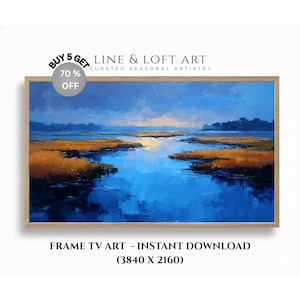 May include: A framed landscape painting depicting a tranquil river scene. The artwork showcases a vivid blue sky and water, with golden-brown marshland on either side. The text "LINE & LOFT ART" and "FRAME TV ART - INSTANT DOWNLOAD" are visible.