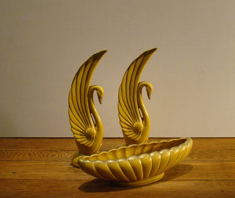 Japanese Art Deco Table Decor Pair of Vintage Golden Yellow Swans and Bowl set