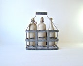 french metal bottle carrier, 6 bottle holder, shabby chic home decor, 1930s wine bottle carrier, french country cottage decor