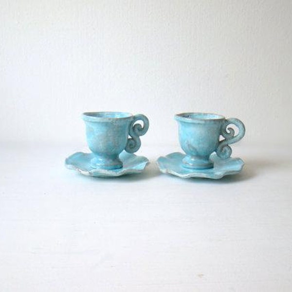 light blue clay coffee cups, turquoise espresso cups and saucers, french vintage cups, glazed red clay cups