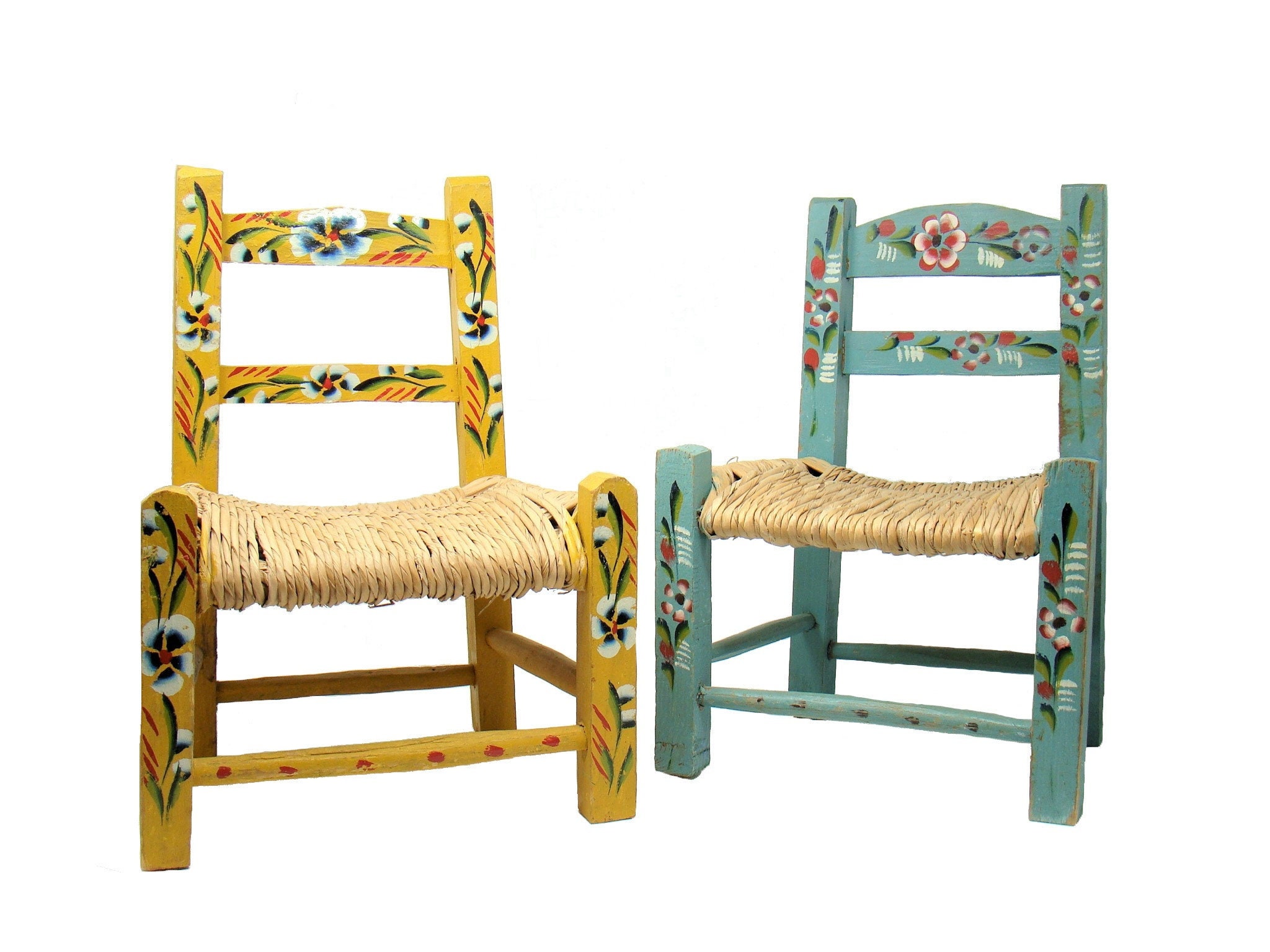 Paire de Chaises Vintage avec Sièges Rush Tissés | 2 Chaises, Peinte à La Main, Pour Enfants Colorée