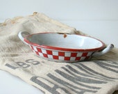 antique french enamelware dish, white with classic Lustucru red and white checkerboard design, french home decor, cottage style