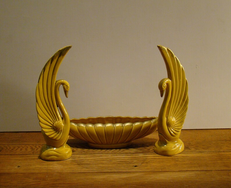 Japanese Art Deco Table Decor Pair of Vintage Golden Yellow Swans and Bowl set