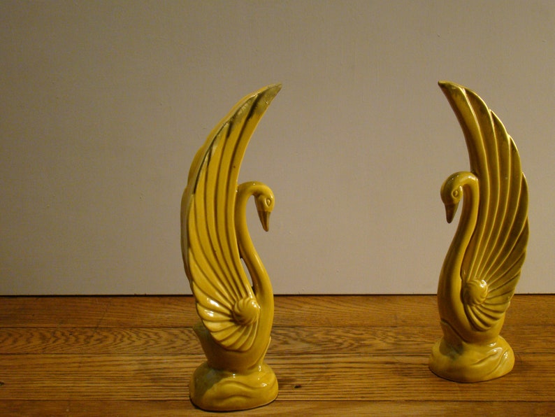 Japanese Art Deco Table Decor Pair of Vintage Golden Yellow Swans and Bowl set