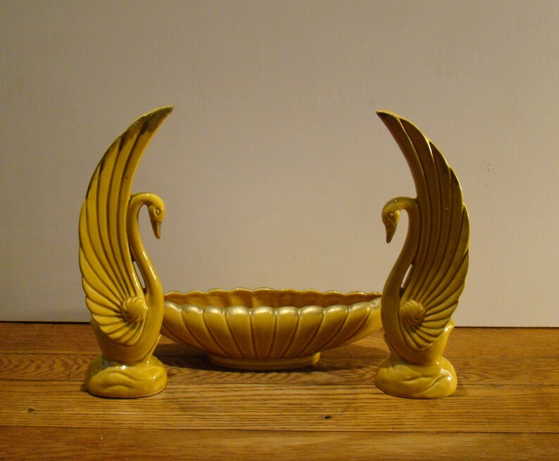 Japanese Art Deco Table Decor Pair of Vintage Golden Yellow Swans and Bowl set