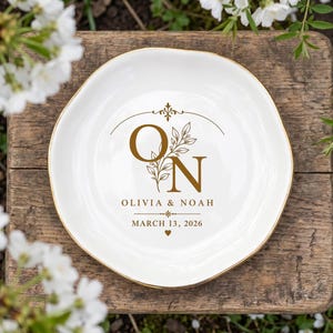 Custom Monogram Jewelry Tray Personalized Engagement Gift for Couple Wedding Date Ring Holder Bedside Trinket Dish Bride Keepsake