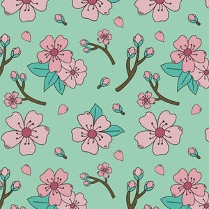Cherry Blossom Seamless Pattern Mint Green Floral Digital Paper Pastel Flower Background for Fabric and Wallpaper Commercial Use