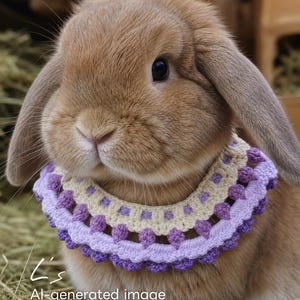 May include: A brown lop-eared rabbit wearing a crocheted collar featuring a cream-colored inner band with purple accents and a scalloped purple edge. The text "L's Al-generated image" is visible in the lower left corner of the frame.
