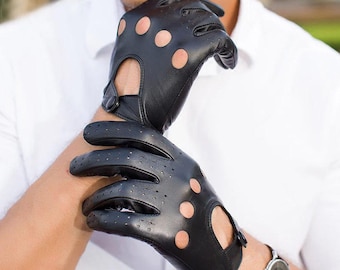 Handmade Designer Driving Gloves BLACK Leather with Reverse Stitching Touchscreen
