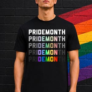 May include: Black t-shirt with the text "PRIDEMONTH" in a stacked design. The word is in white, with the bottom word in rainbow colours. The background is a black brick wall with a rainbow painted on it.