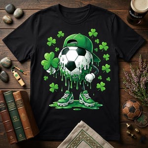 May include: Black t-shirt featuring a soccer ball character wearing a green cap and sneakers, holding a shamrock. The soccer ball is dripping with green goo, surrounded by shamrocks. A Guinness beer glass is visible in the background.