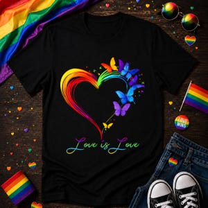 Op de afbeelding: Zwart T-shirt met een regenboog hart en vlinder ontwerp, met de tekst "Love is Love". De afbeelding bevat regenboog-thema accessoires zoals een vlag en zonnebril.
