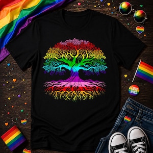 May include: Black t-shirt featuring a colorful tree design with rainbow-colored leaves, trunk, and roots. The shirt is surrounded by Pride-themed accessories, including a rainbow flag, sunglasses, and a "Love Wins" button.