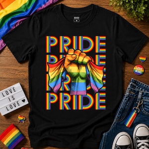 May include: Black t-shirt with a rainbow graphic of a fist holding a rainbow flag, with the word "PRIDE" in rainbow colors. The shirt is on a wooden surface with other Pride-themed accessories.