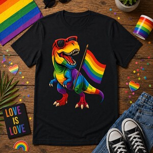 Pode incluir: Camiseta preta com um dinossauro colorido usando óculos de sol e segurando uma bandeira arco-íris. O dinossauro é projetado com cores do arco-íris. A camiseta está em uma superfície de madeira com itens temáticos do Orgulho.