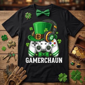 May include: Black t-shirt with a green leprechaun hat, headphones, and a game controller design. The shirt has the text "GAMERCHAUN" in white. A green bow tie and shamrocks are also present.