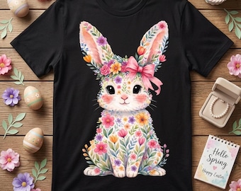 Floral Bunny Easter Shirt, Women Girls Spring Rabbit Tee
