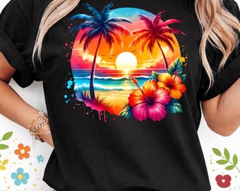 Könnte beinhalten: Schwarzes T-Shirt mit einem lebendigen tropischen Sonnenuntergangsdesign. Die Grafik zeigt Palmen, einen Sonnenuntergang über dem Meer und bunte Hibiskusblüten. Das Design ist in einem kreisförmigen Rahmen angeordnet.