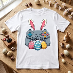 Könnte beinhalten: Weißes T-Shirt mit einem grauen Gamecontroller-Design, rosa Hasenohren und drei verzierten Ostereiern. Die Eier sind rosa, blau und gelb mit Mustern. Das Design ist auf dem T-Shirt zentriert.