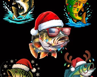 Funny Christmas Bass Fish, Santa Hat Lights PNG (Digital download)