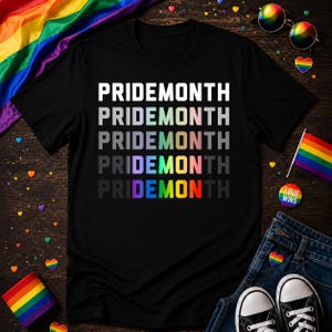 Könnte beinhalten: Schwarzes T-Shirt mit dem Wort "PRIDEMONTH" in Weiß, das in Regenbogenfarben übergeht. Das Bild enthält eine Regenbogenflagge, eine Sonnenbrille und anderes Zubehör zum Thema Pride. Ein Paar schwarz-weiße Turnschuhe und Jeans sind ebenfalls zu sehen.