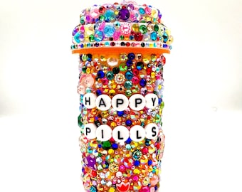 Frascos de pastillas adornados con pedrería • Decoración con diamantes de imitación • Estilo Kawaii colorido