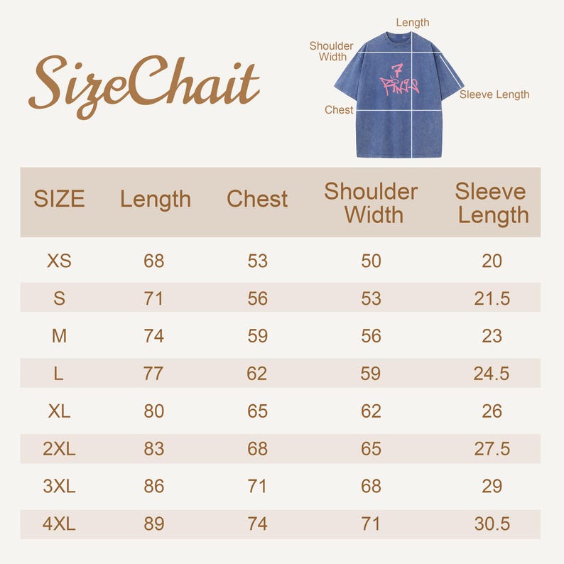 May include: A size chart for a blue t-shirt with a pink graphic design. The chart displays measurements in centimeters for sizes XS through 4XL, including length, chest, shoulder width, and sleeve length, with a diagram showing where to measure.