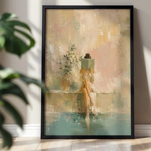 Peut inclure: Une impression d'art mural encadrée représentant une peinture impressionniste d'une silhouette assise sur un rebord, lisant un livre, avec un vase de verdure à proximité. La palette de couleurs se compose de tons beige, rose et bleu sarcelle.