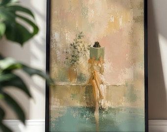 May include: A framed wall art print featuring an impressionistic painting of a figure sitting on a ledge, reading a book, with a vase of greenery nearby. The colour palette consists of soft beige, muted pink, and teal tones in a textured style.