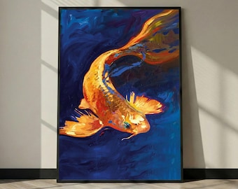 Golden Koi Fish Poster, Japanese Inspired Abstract Painting, Blue Gold Zen Decor, Modern Luxury Asian