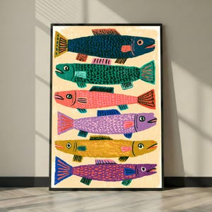 Impression poisson folk art, art mural rustique et coloré pour chalet, affiche maison de lac, déco cuisine, cadeau pêcheur papa