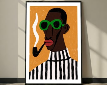 Black Art Print Abstract Portrait, Modern Figurative Wall Art for Living Room, Eclectic Home Decor, African American Man Illustration Gift