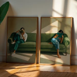 Reading Woman Wall Art Set of 2, Book Lover Gift, Modern Portrait Print for Living Room Decor, Moody Academia Aesthetic Poster Pair