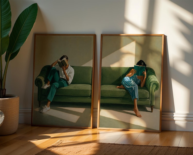 Reading Woman Wall Art Set of 2, Book Lover Gift, Modern Portrait Print for Living Room Decor, Moody Academia Aesthetic Poster Pair